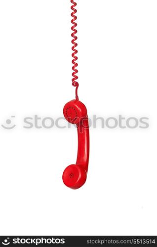 Red telephone cable hanging isolated on white background
