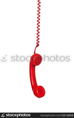 Red telephone cable hanging isolated on white background