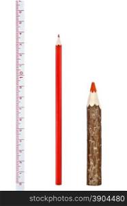 Red thick and thin pencils with ruler isloated on white