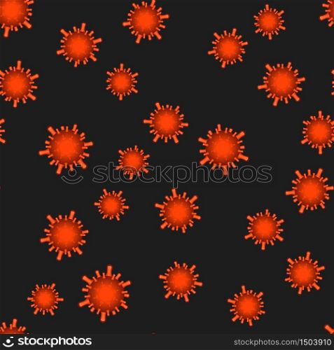 Red three-dimensional viruses seamless background. Red viruses on the black seamless background