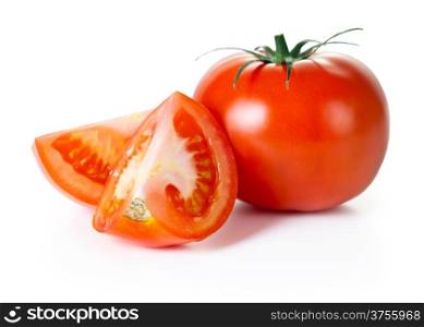 Red tomato on white background. Studio close up shot composition