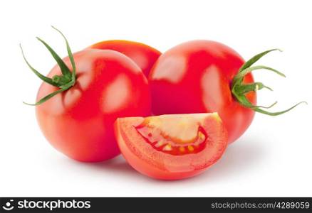 Red tomatoes with a slice isolated on white background