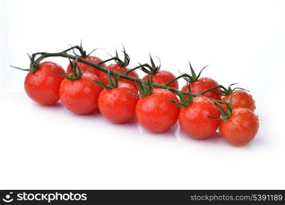 red tomatoes with branch and water drops on white background