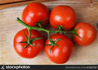 red tomatoes with branch on wooden background
