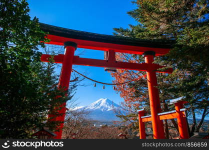 Red Torii gate of Chureito Pagoda and Snow covered Mount Fuji under autumn blue sky in centre. Shimoyoshida - Arakurayama Sengen Park in Fujiyoshida near Kawaguchigo