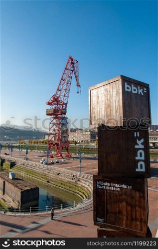 Red Tower crane at the Bilbao Maritime Museum, BBK, Spain