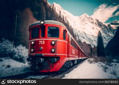Red train around the beautiful  mountains.  Generative AI 