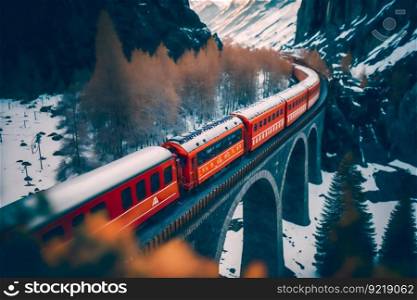 Red train around the beautiful  mountains.  Generative AI
