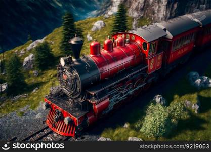 Red train around the beautiful  mountains.  Generative AI 