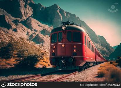 Red train in the beautiful summer mountains. Illustration Generative AI