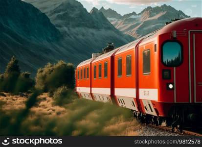 Red train in the beautiful summer mountains. Illustration Generative AI