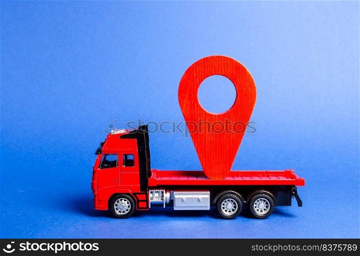 Red truck carries a red pointer location. Services transportation of goods and products, logistics and infrastructure. Transportation company Warehousing and supply. Location and control of carriers.
