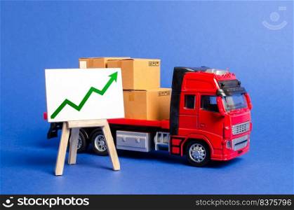 Red truck loaded with boxes and stand with a green up arrow. Raise economic indicators and sales. Exports, imports. High trade volumes, growth production, storage infrastructure Transit and delivery