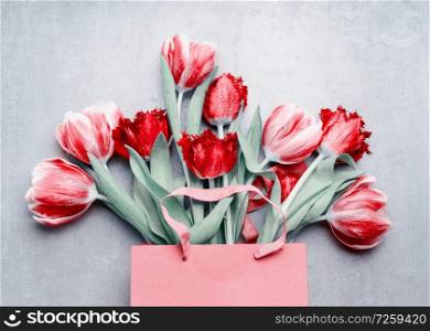 Red tulips bunch in paper shopping bag at gray background. Festive spring flowers. Floral composing. Springtime holiday and greeting concept. Copy space for your design