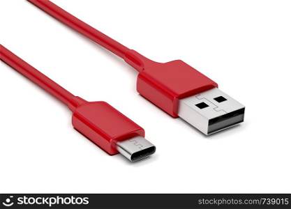 Red USB-C and USB-A cables on white background