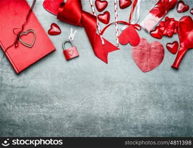 Red Valentines day background with various decoration for greeting, top view, border. Love symbols concept