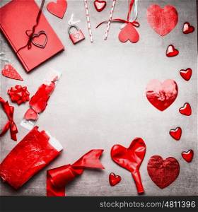 Red Valentines day background with various greeting decoration: heats, balloons, ribbon, lock and key and diary book, top view, frame, place for text