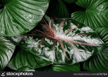 Red veins tropical leaf among green tropical leaves illustration graphic art background. Naturel graphic wallpaper concept