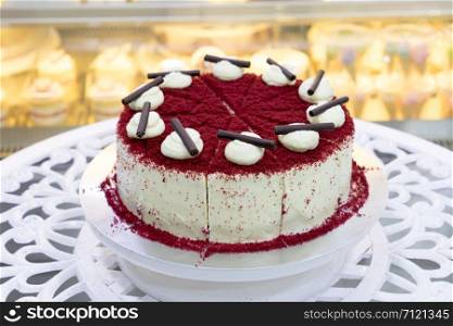 Red Velvet Cheesecake on a white table