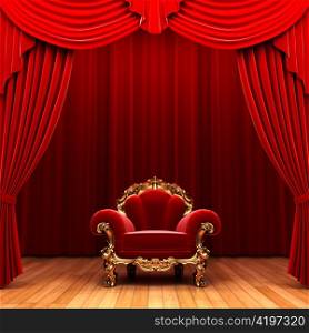 Red velvet curtain and chair made in 3d