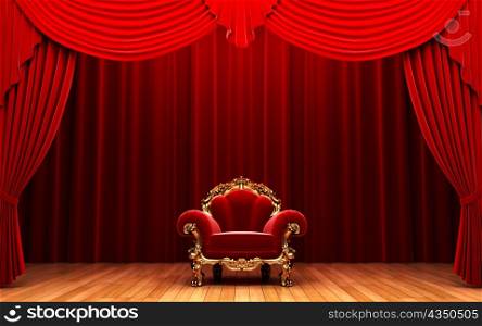 Red velvet curtain and chair made in 3d