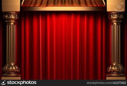 red velvet curtains behind the gold columns made in 3d