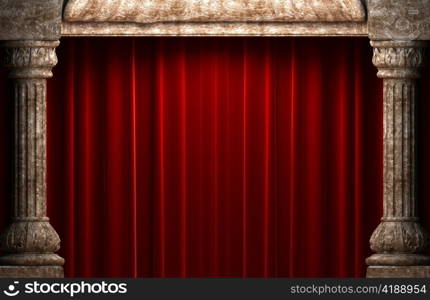 red velvet curtains behind the stone columns made in 3d