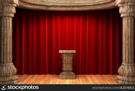 red velvet curtains, wood columns and Pedestal made in 3d