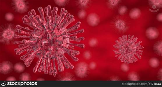 Red viruses with hairs and rough texture floating on a dark red background. 3D Illustration. Red viruses with hairs floating on a dark red background. 3D Illustration