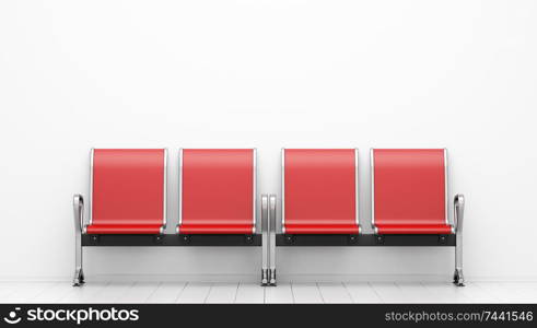 red waiting chairs in front of white wall. 3d illustration