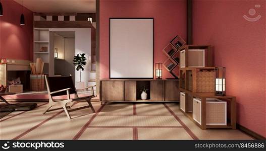 red wall design room with decoration ,l&,plants,carpet,arm chair.3D rendering
