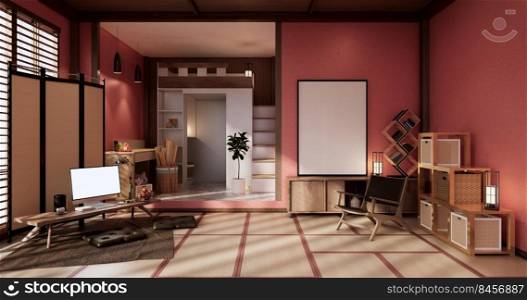 red wall design room with decoration ,l&,plants,carpet,arm chair.3D rendering