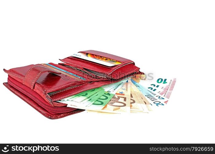 Red wallet full with euro banknotes on a white background.
