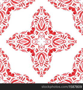 Red Watercolor handdrawn seamless geometric pattern tile design surface wth calligraphic elements. Red seamless ornamental watercolor arabesque paint tile pattern for fabric and ceramics