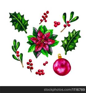 Red watercolor Poinsettia plant, mistletoe, holly, berry, Christmas ornament isolated on the white background