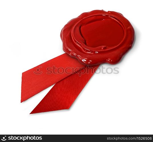 Red wax seal with ribbon isolated on white background. Red wax seal