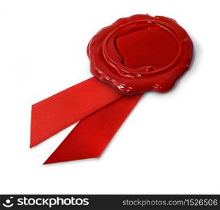 Red wax seal with ribbon isolated on white background. Red wax seal