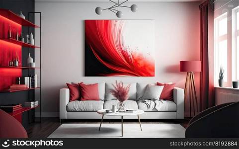 red white interior. room wall, design space, light floor, background 3d, modern color, empty indoor red white interior ai generated illustration. red white interior ai generated