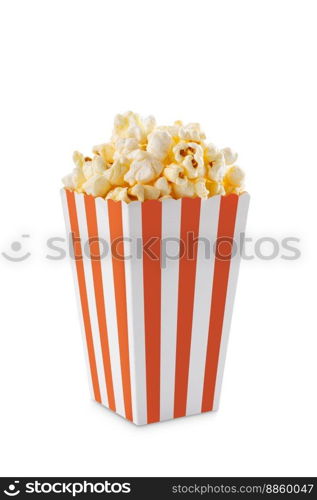 Red white striped carton bucket with tasty cheese popcorn, isolated on white background. Fast food, movies, cinema and entertainment concept.