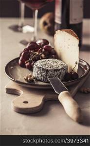 Red wine and cheese plate with fruits and nuts on concrete background