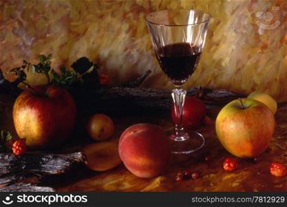 Red wine and fruits isolated on painted background