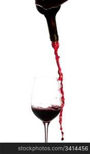Red wine being poured directly from bottle into a large goblet and missing