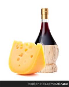 Red wine bottle and cheese still life isolated on white background cutout. Italian food concept.