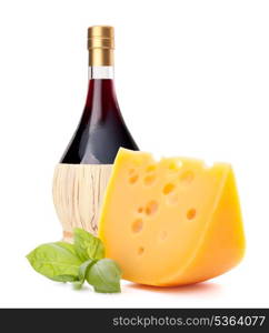 Red wine bottle and cheese still life isolated on white background cutout. Italian food concept.