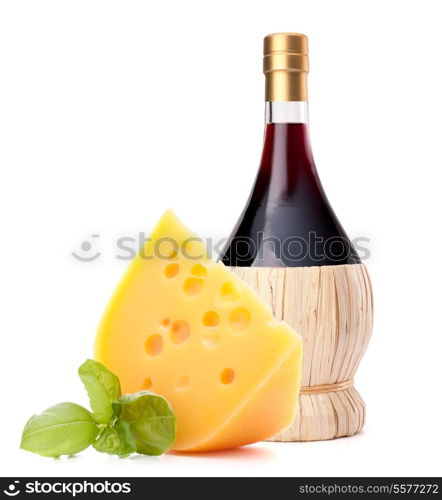 Red wine bottle and cheese still life isolated on white background cutout. Italian food concept.