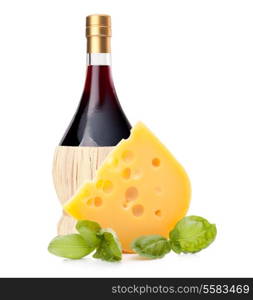 Red wine bottle and cheese still life isolated on white background cutout. Italian food concept.