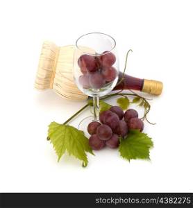 red wine bottle and glass full with grapes isolated on white background
