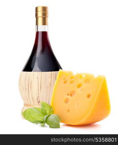 Red wine bottle, cheese and basil leave still life isolated on white background cutout. Italian food concept.