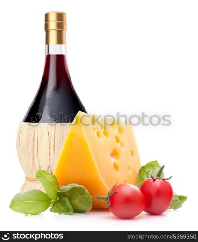 Red wine bottle, cheese and basil leave still life isolated on white background cutout. Italian food concept.