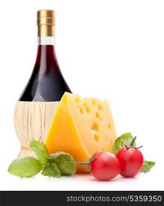 Red wine bottle, cheese and basil leave still life isolated on white background cutout. Italian food concept.